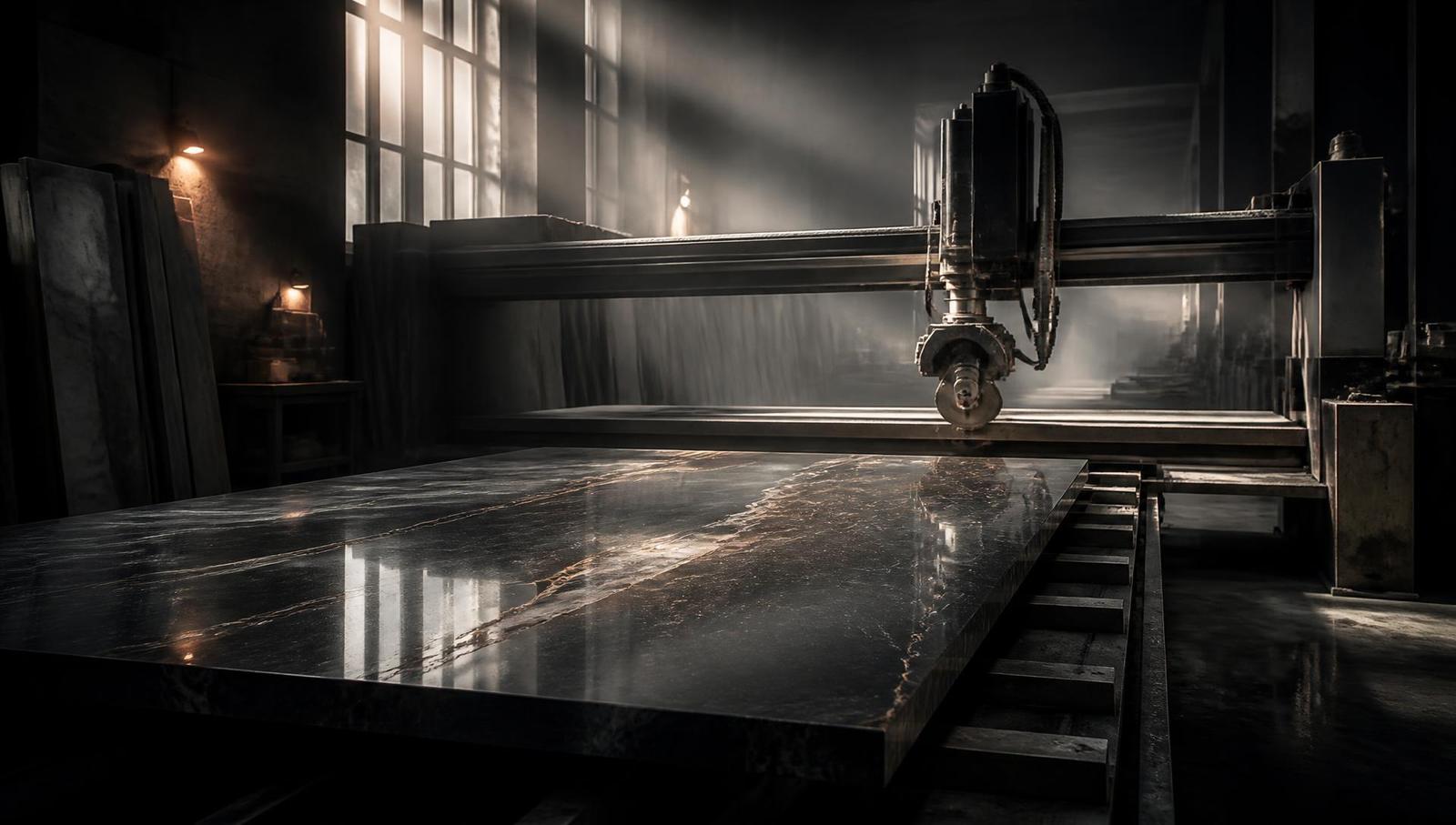 Polished stone slab on a CNC bridge saw inside a fabrication workshop