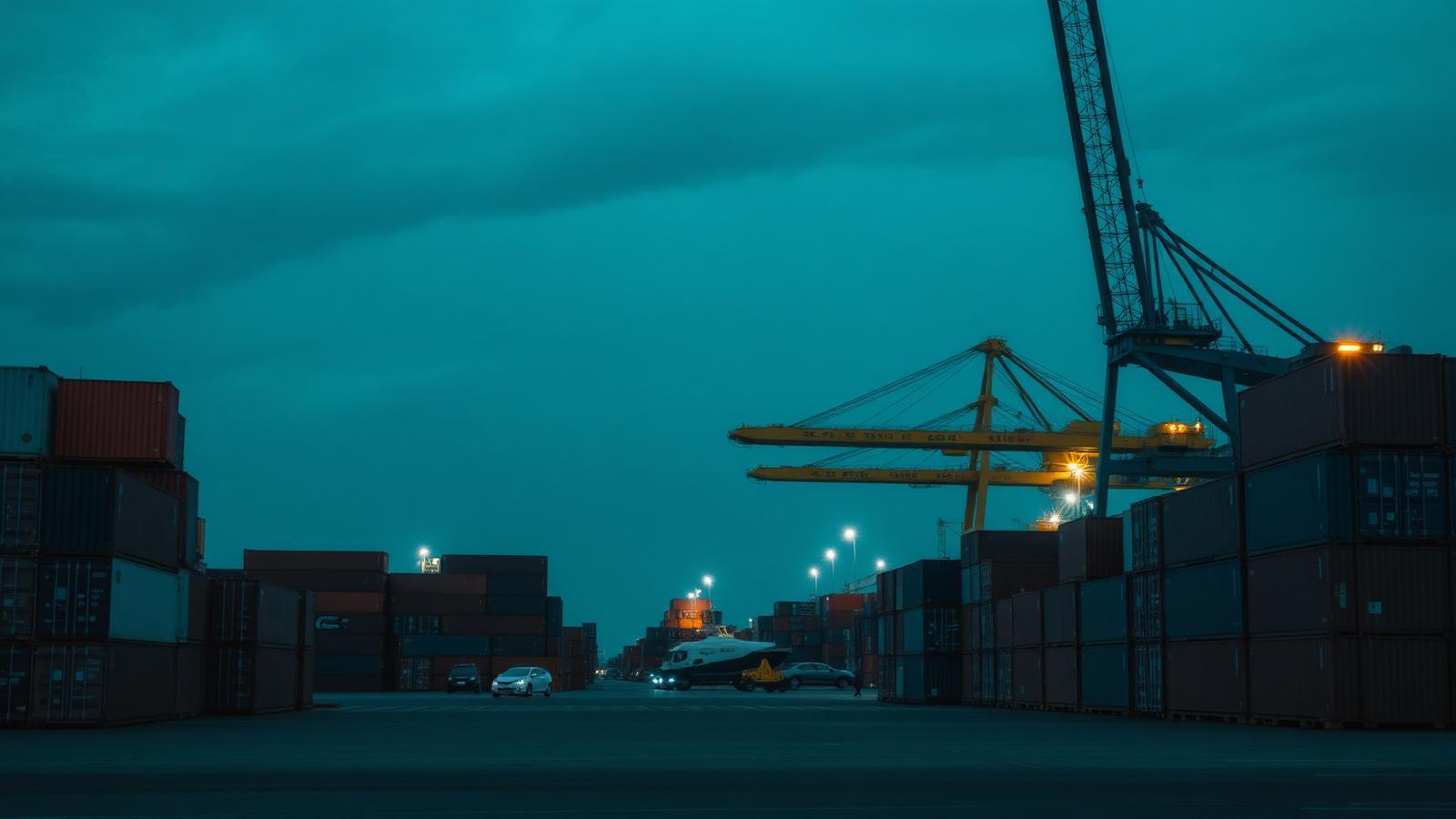 Container port at dusk with stacked shipping containers and a crane