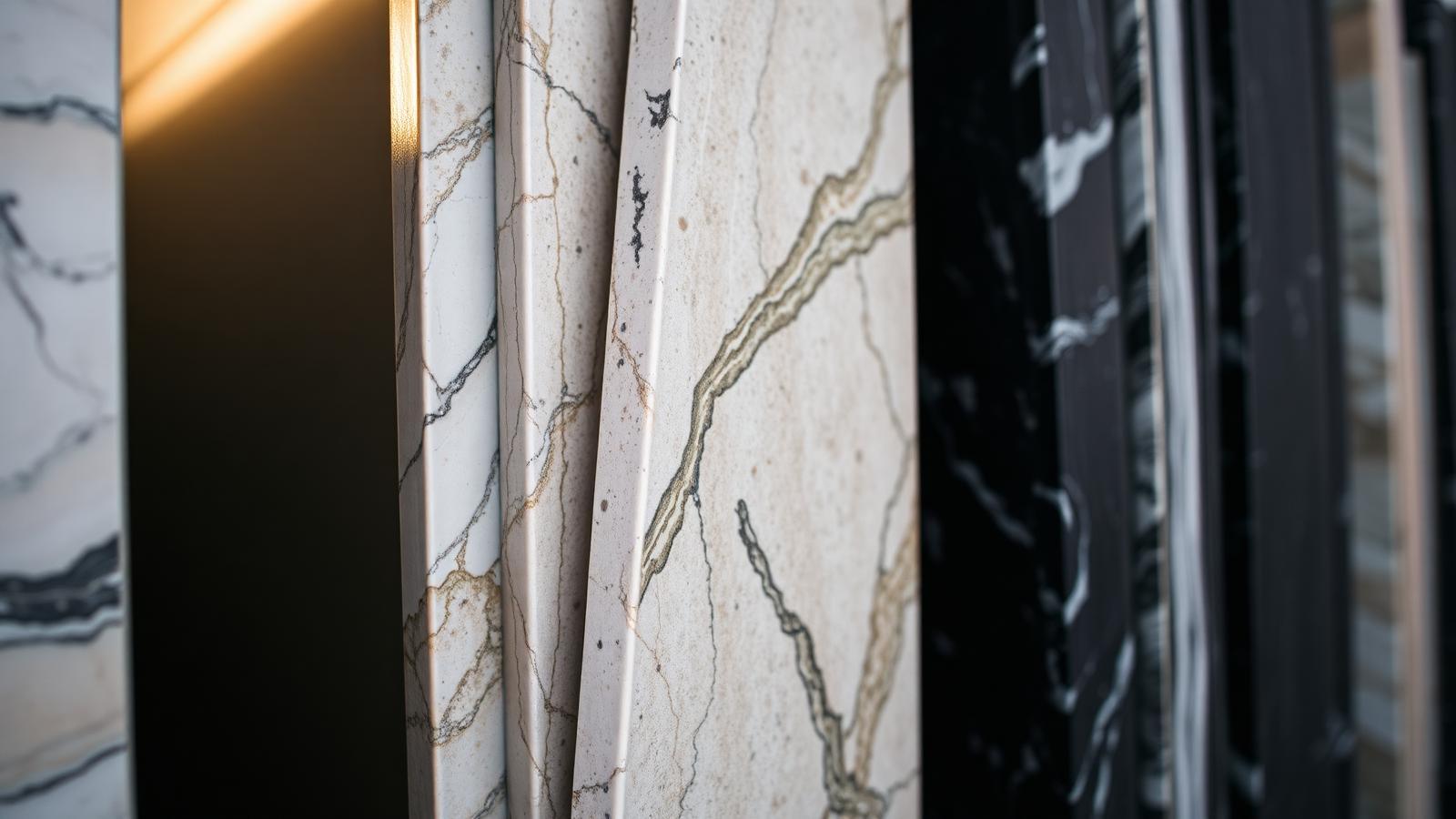 Polished marble and granite slab edges in a stone warehouse